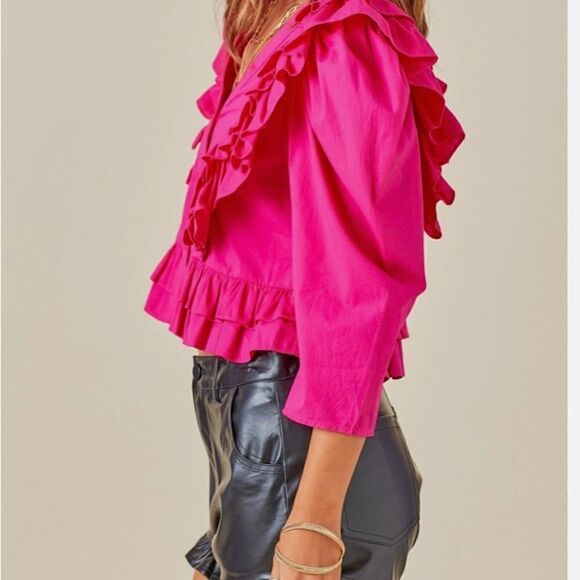 Ellatuse Pink Ruffled V Neck Crop Blouse - Picture 1 of 14